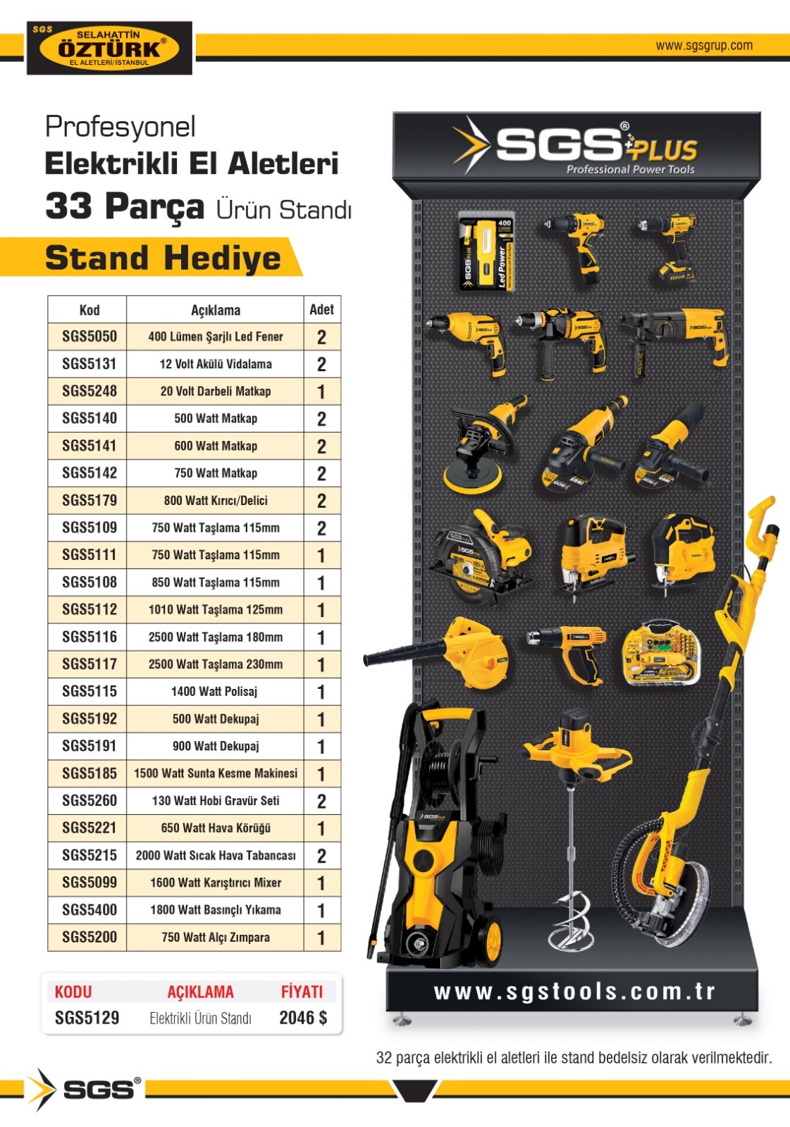 SGS5129 PROFESYONEL ELEKTRİKLİ EL ALETLERİ STANDI SETİ